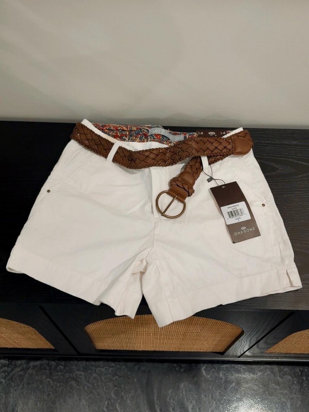 one 5 one Cream Shorts with Braided Brown Belt